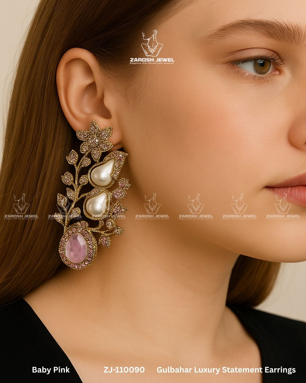 Gulbahar Luxury Statement Earrings | ZAROSH JEWEL Baby Pink