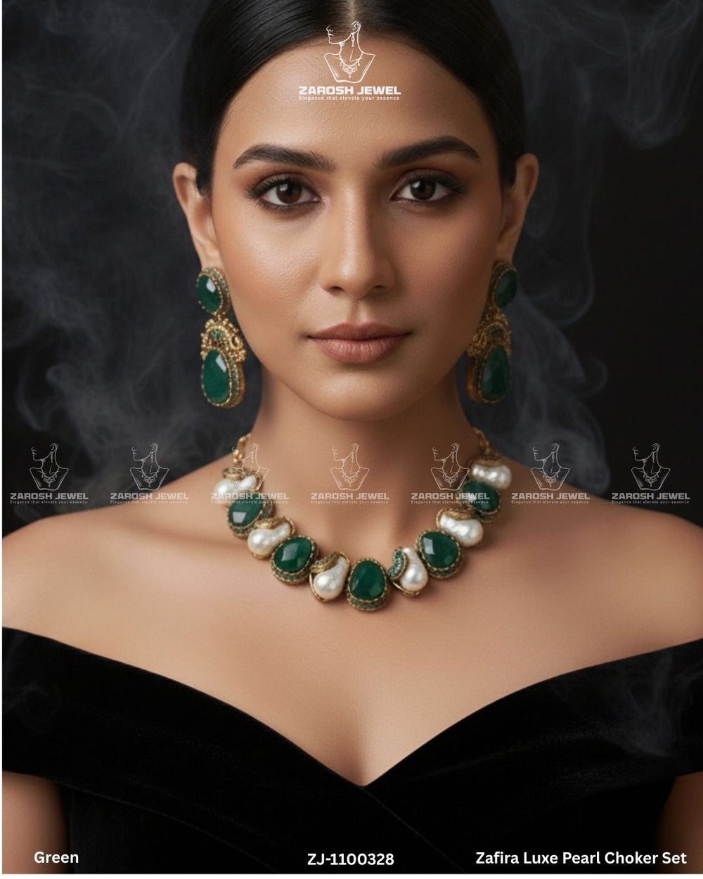 Zafira Luxe Pearl Choker Set | ZAROSH JEWEL Green