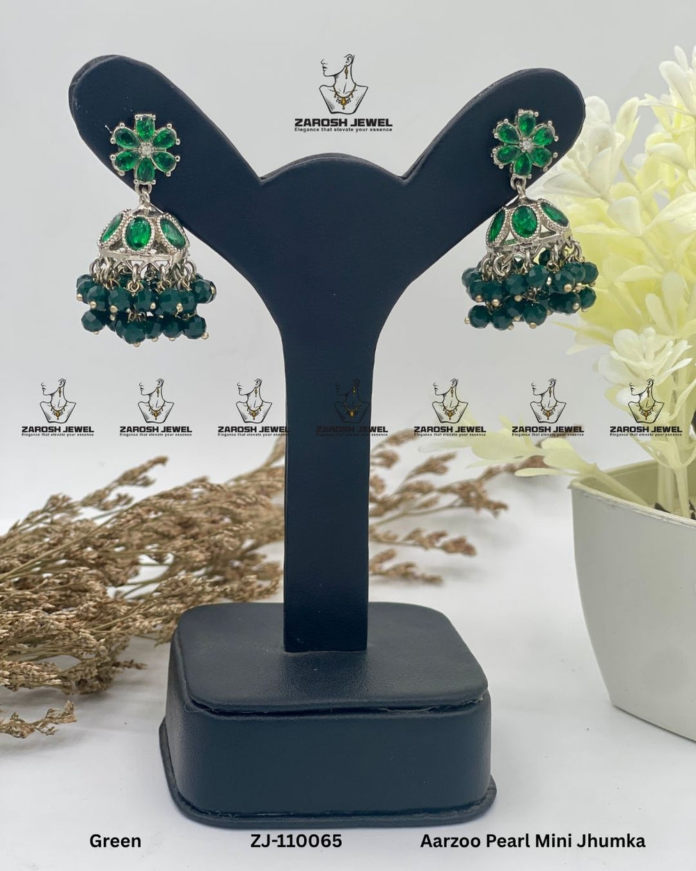 Aarzoo Pearl Mini Jhumka | ZAROSH JEWEL Green