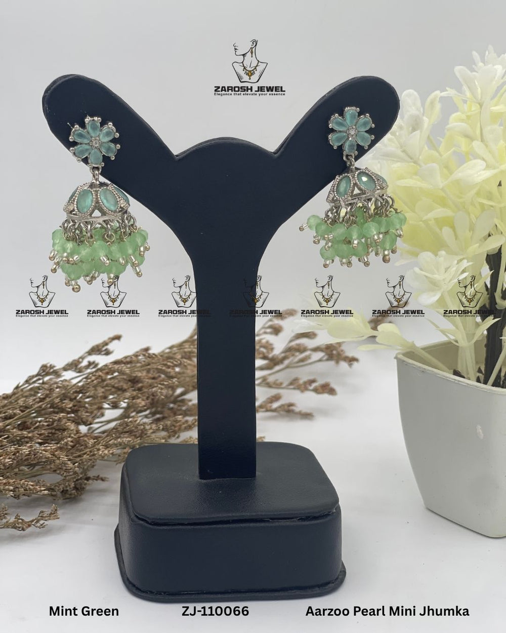 Aarzoo Pearl Mini Jhumka | ZAROSH JEWEL Mint Green