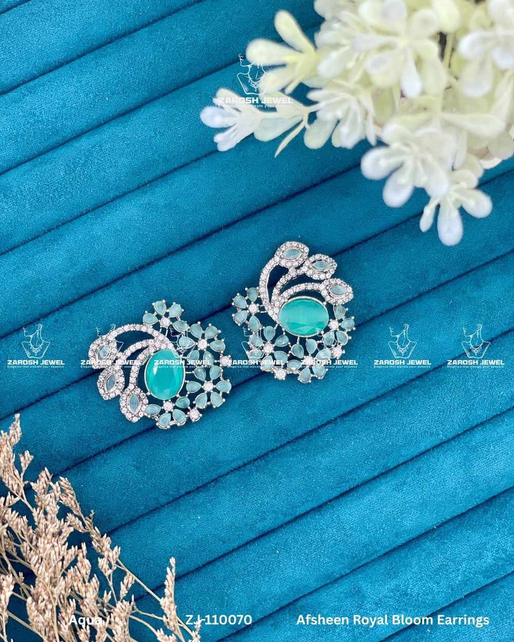 Afsheen Royal Bloom Earrings | ZAROSH JEWEL Aqua