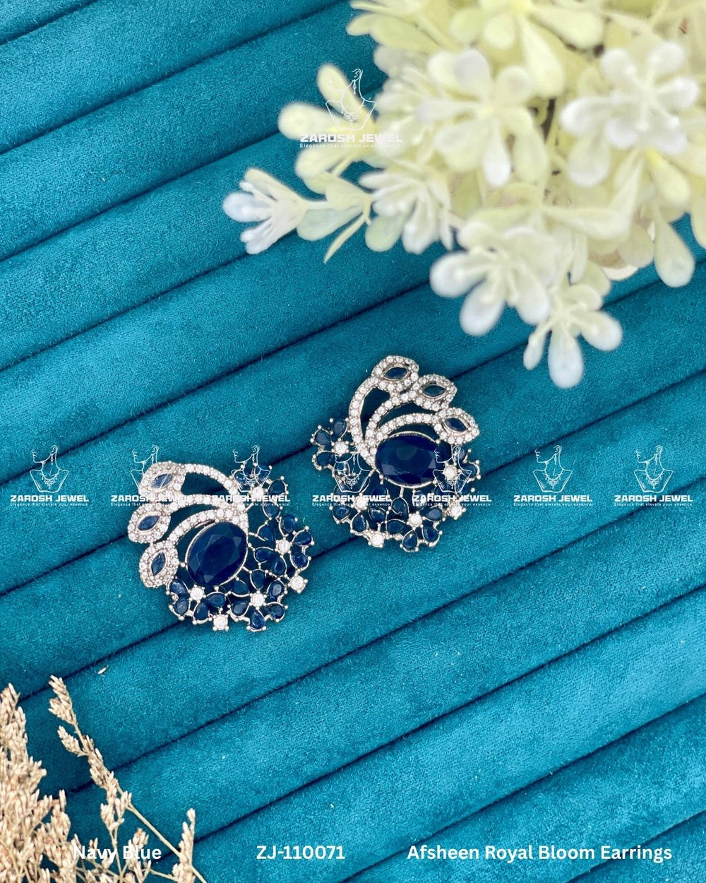 Afsheen Royal Bloom Earrings | ZAROSH JEWEL Navy Blue