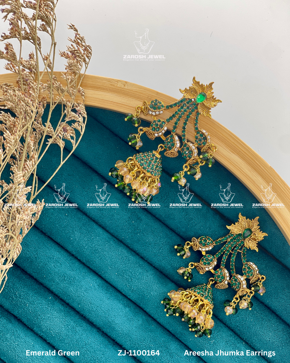 Areesha Jhumka Earrings | ZAROSH JEWEL Emerald Green