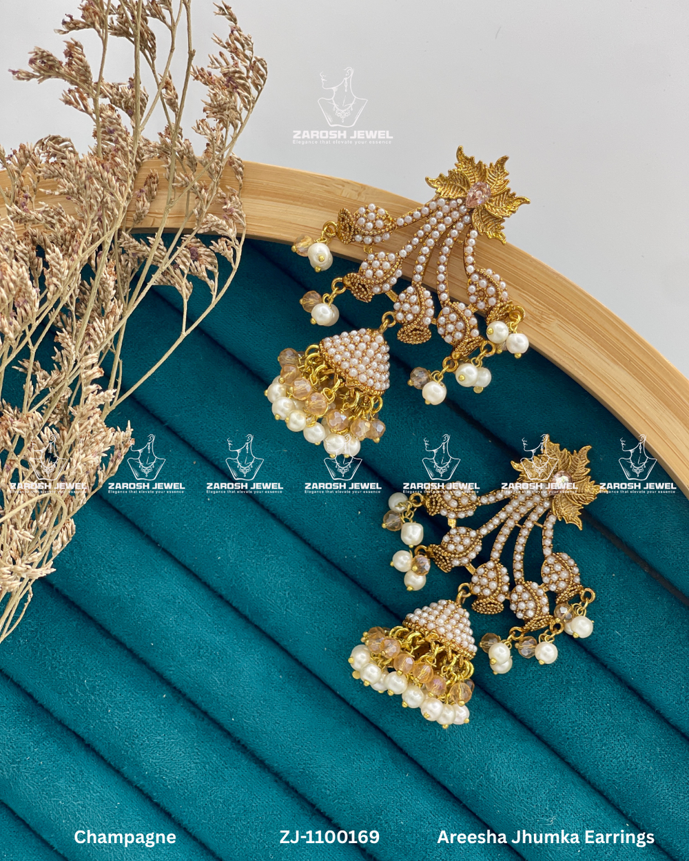 Areesha Jhumka Earrings | ZAROSH JEWEL Pearl Champagne