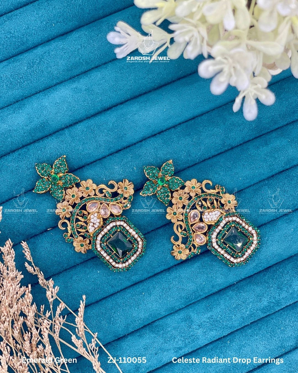 Celeste Radiant Drop Earrings | ZAROSH JEWEL Emerald Green