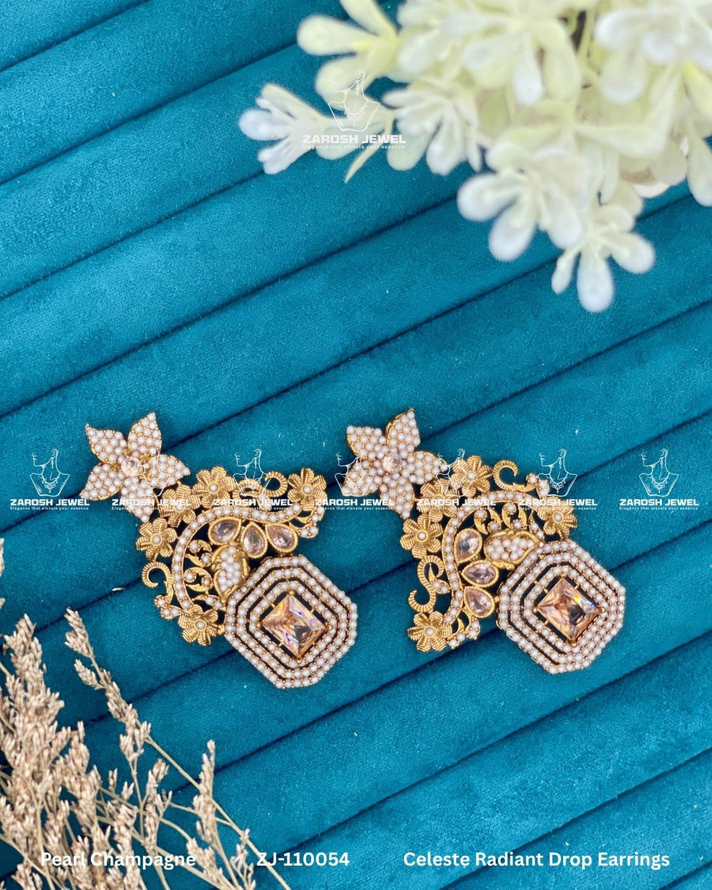 Celeste Radiant Drop Earrings | ZAROSH JEWEL Pearl Champagne