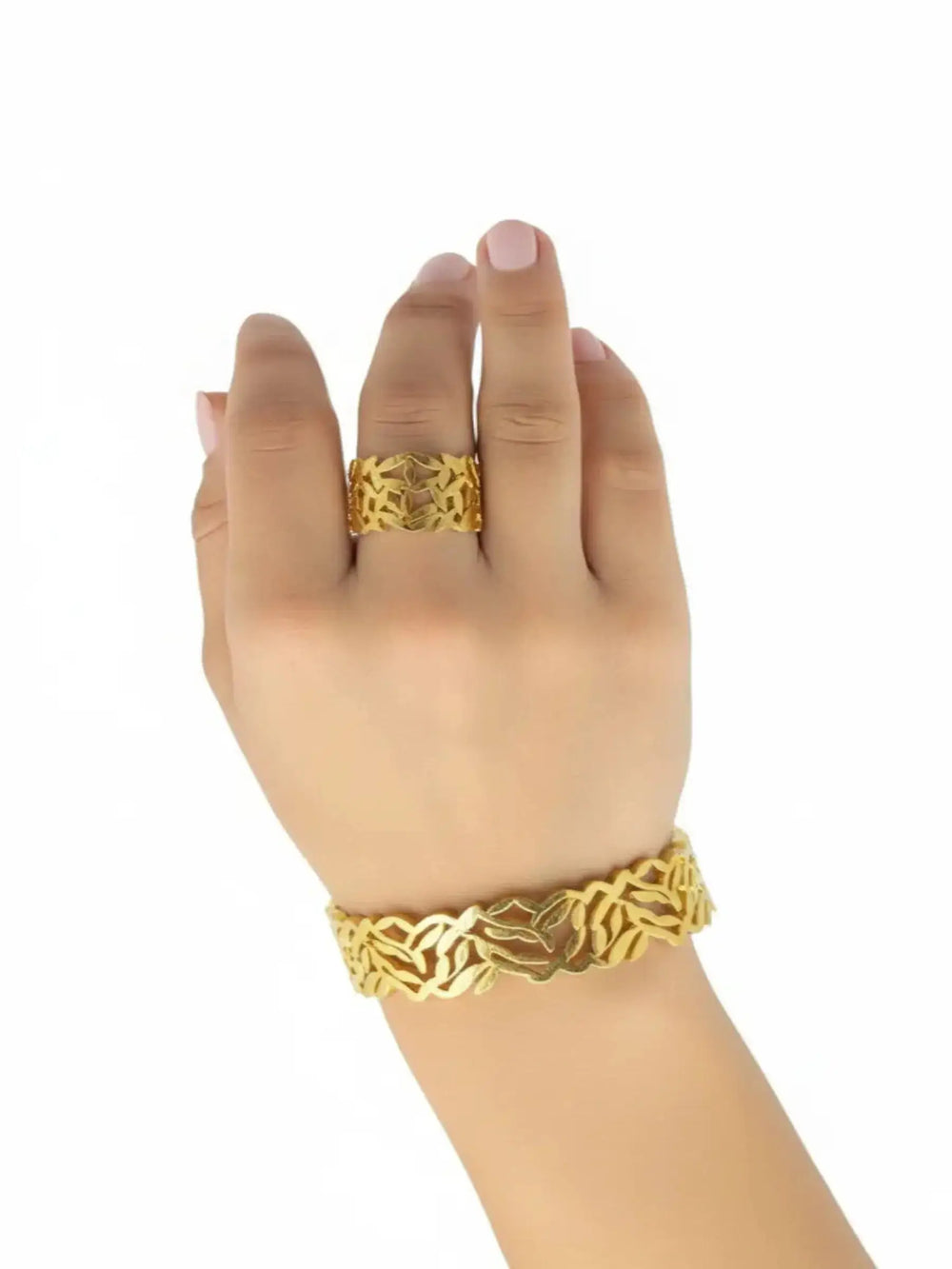 Golden Leaf Cutout Bracelet & Ring Set | ZAROSH JEWEL