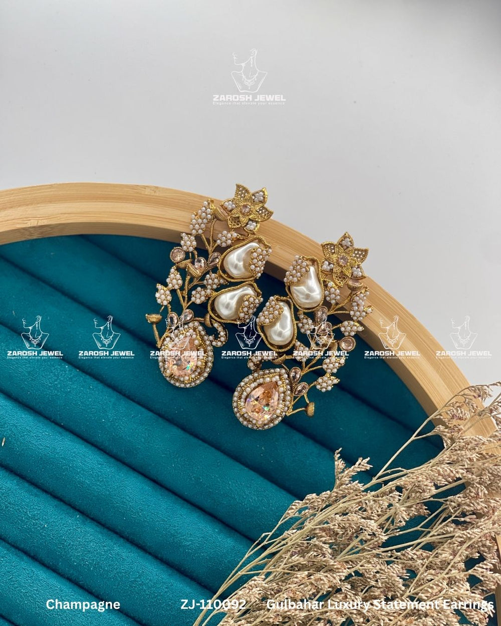Gulbahar Luxury Statement Earrings | ZAROSH JEWEL Champagne