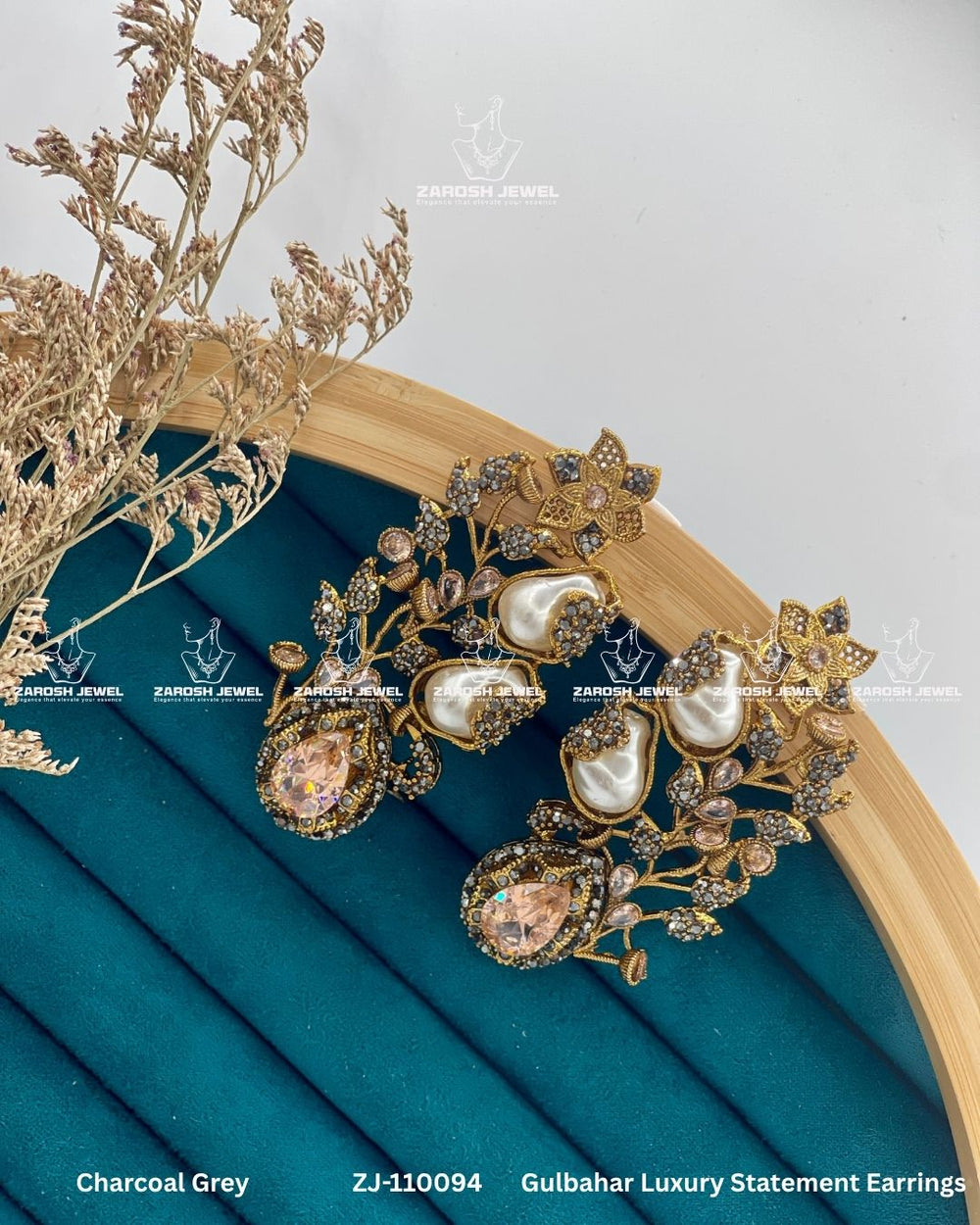 Gulbahar Luxury Statement Earrings | ZAROSH JEWEL Charcoal Grey