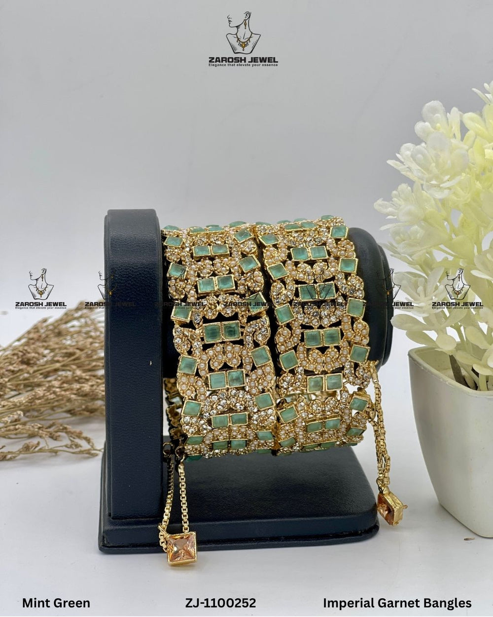 Imperial Garnet Bangles Openable | ZAROSH JEWEL Mint Green