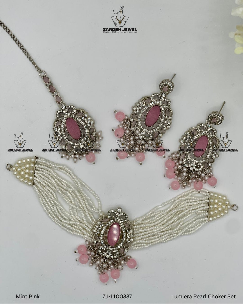 Lumiera Pearl Choker Set | ZAROSH JEWEL Mint Pink