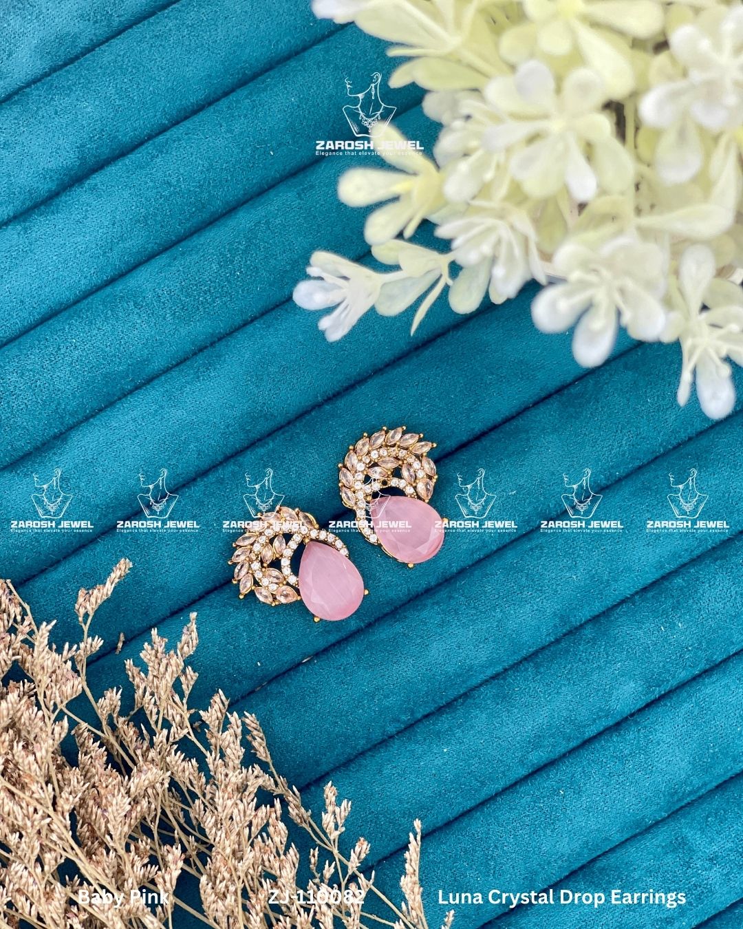 Luna Crystal Drop Earrings | ZAROSH JEWEL Baby Pink