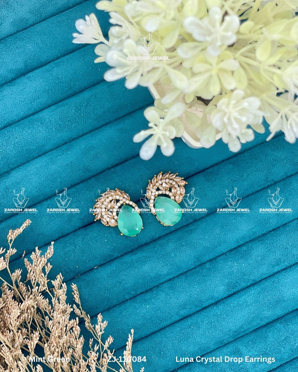Luna Crystal Drop Earrings | ZAROSH JEWEL Mint Green