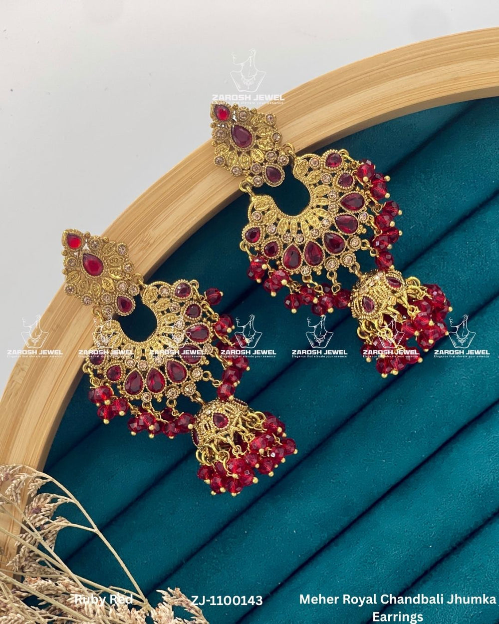 Meher Royal Chandbali Jhumka Earrings | ZAROSH JEWEL Ruby Red