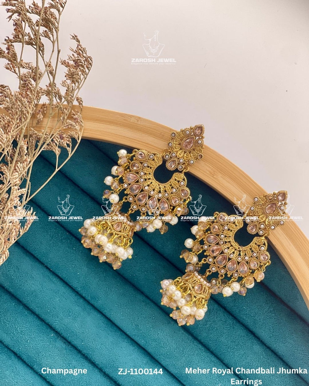 Meher Royal Chandbali Jhumka Earrings | ZAROSH JEWEL Champagne