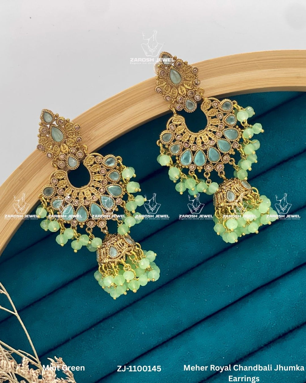 Meher Royal Chandbali Jhumka Earrings | ZAROSH JEWEL Mint Green