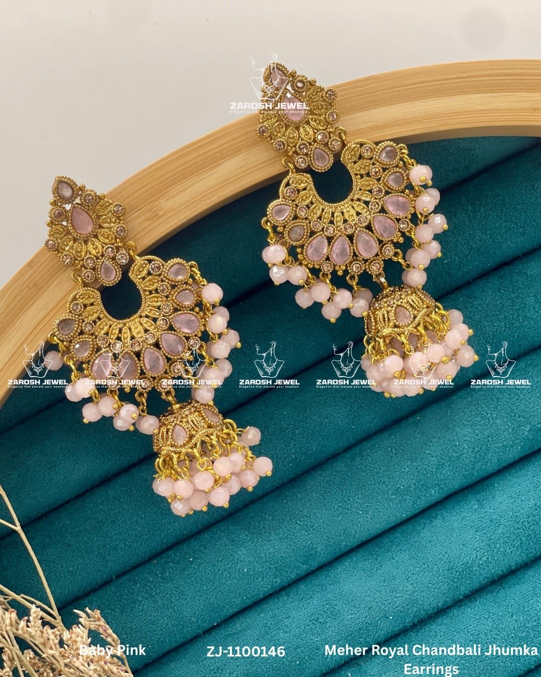 Meher Royal Chandbali Jhumka Earrings | ZAROSH JEWEL Baby Pink