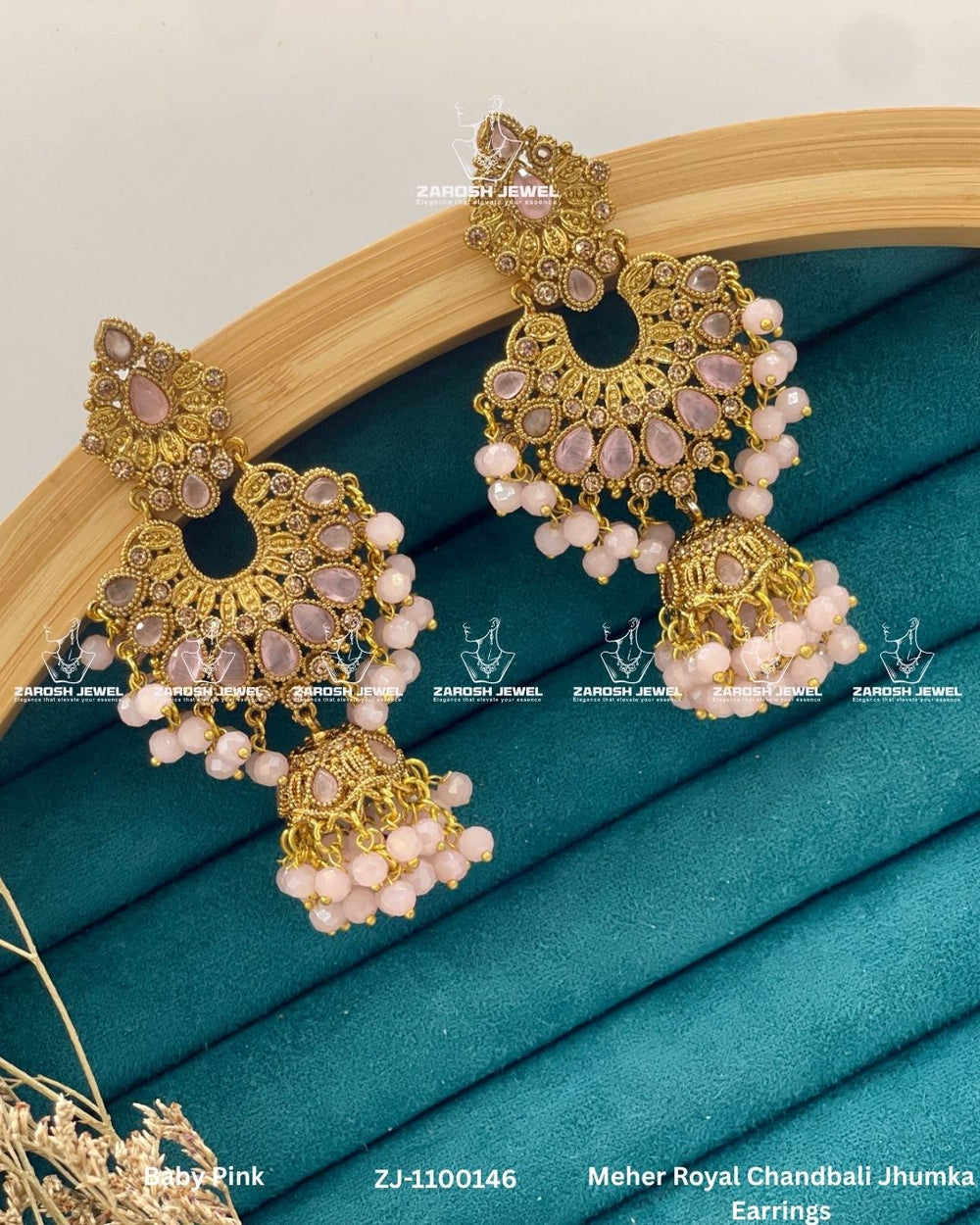 Meher Royal Chandbali Jhumka Earrings | ZAROSH JEWEL Pink
