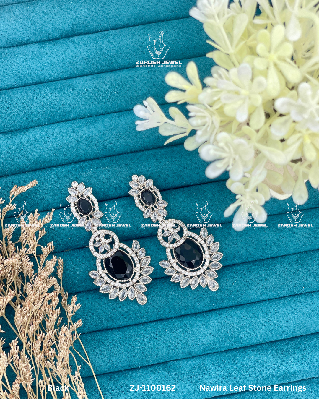 Nawira Leaf Stone Earrings | ZAROSH JEWEL Black