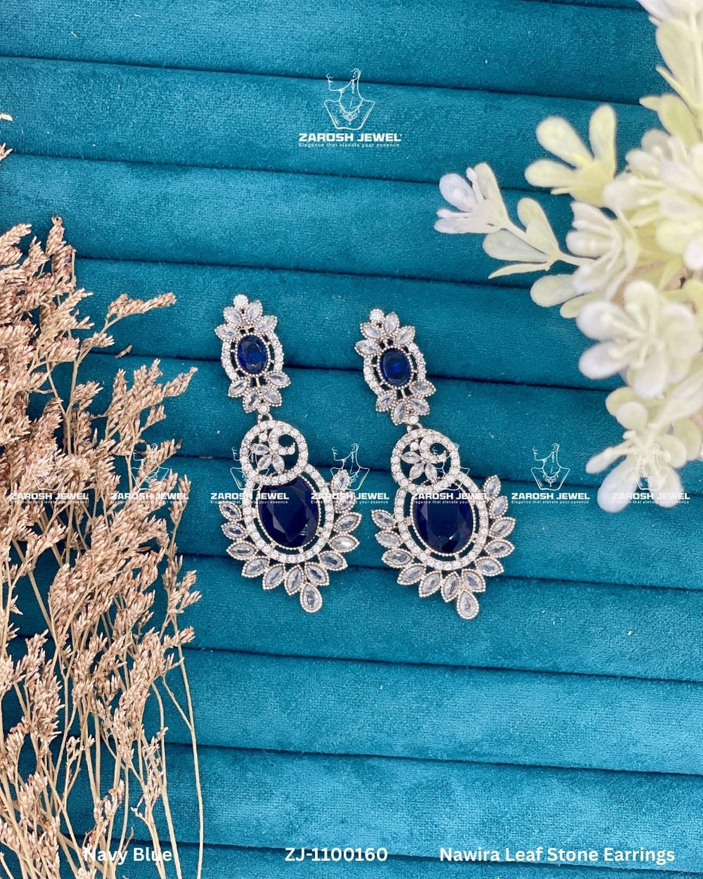 Nawira Leaf Stone Earrings | ZAROSH JEWEL Navy Blue