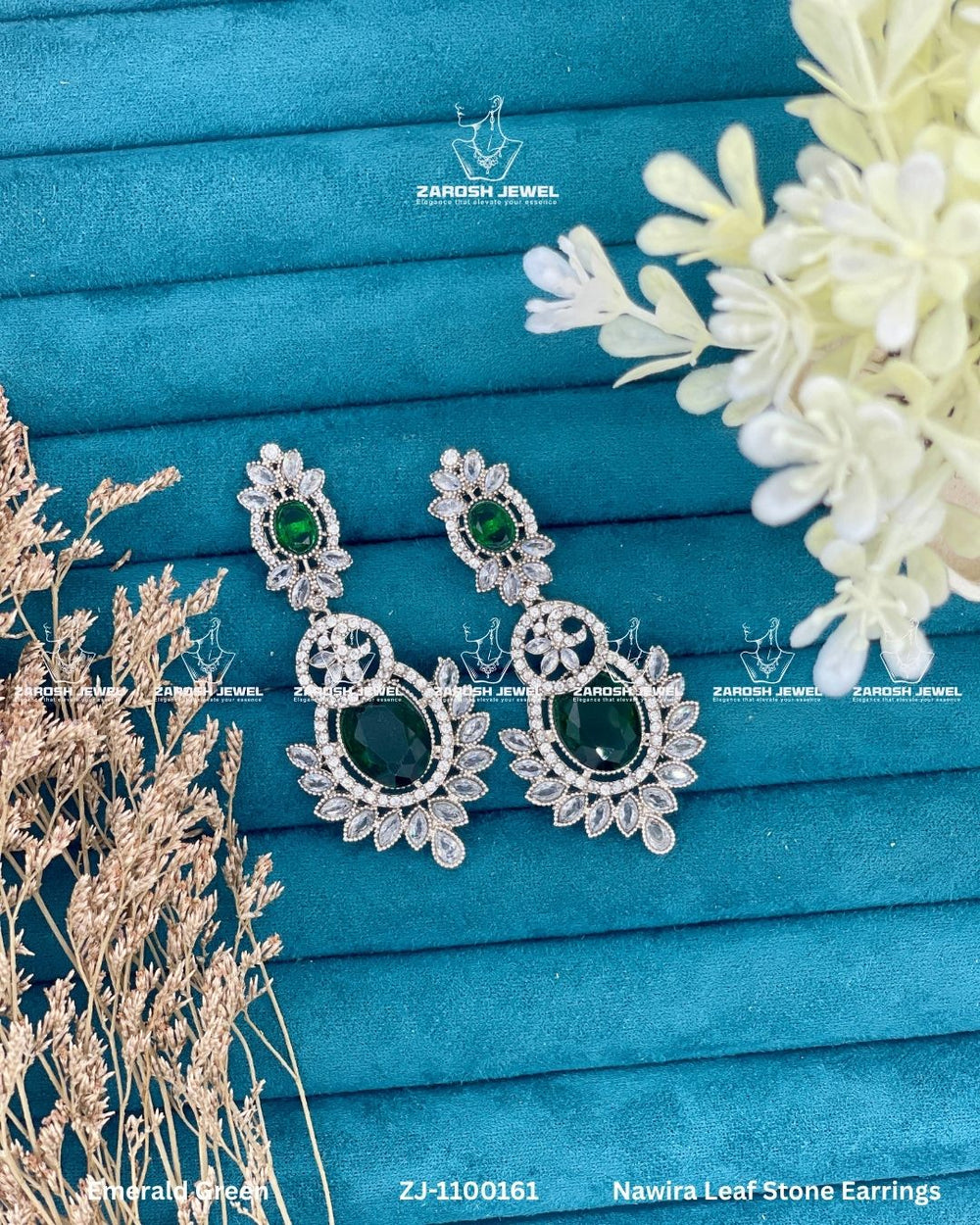 Nawira Leaf Stone Earrings | ZAROSH JEWEL Emerald Green