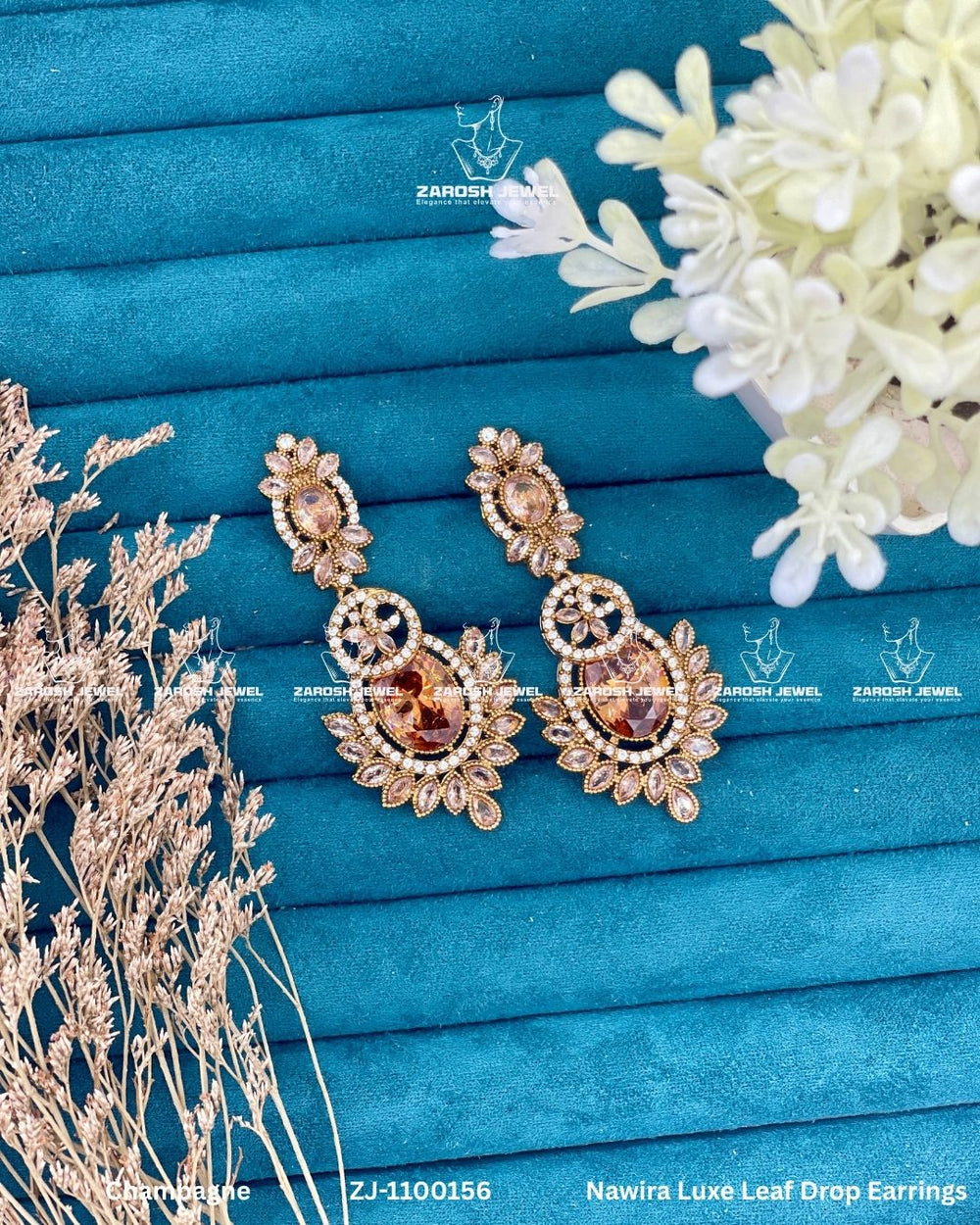 Nawira Luxe Leaf Drop Earrings | ZAROSH JEWEL Champagne