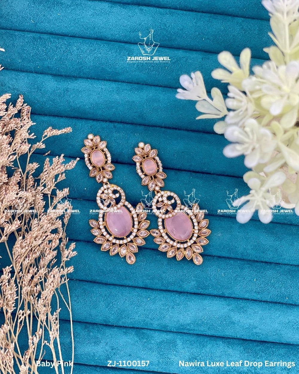 Nawira Luxe Leaf Drop Earrings | ZAROSH JEWEL Pink