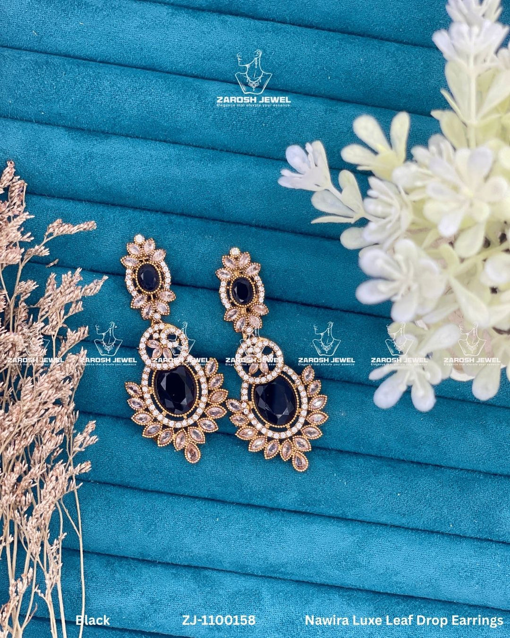 Nawira Luxe Leaf Drop Earrings | ZAROSH JEWEL Black