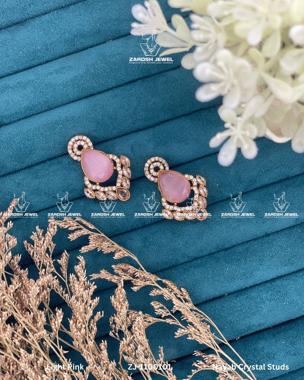 Nayab Crystal Studs | ZAROSH JEWEL Mint Pink