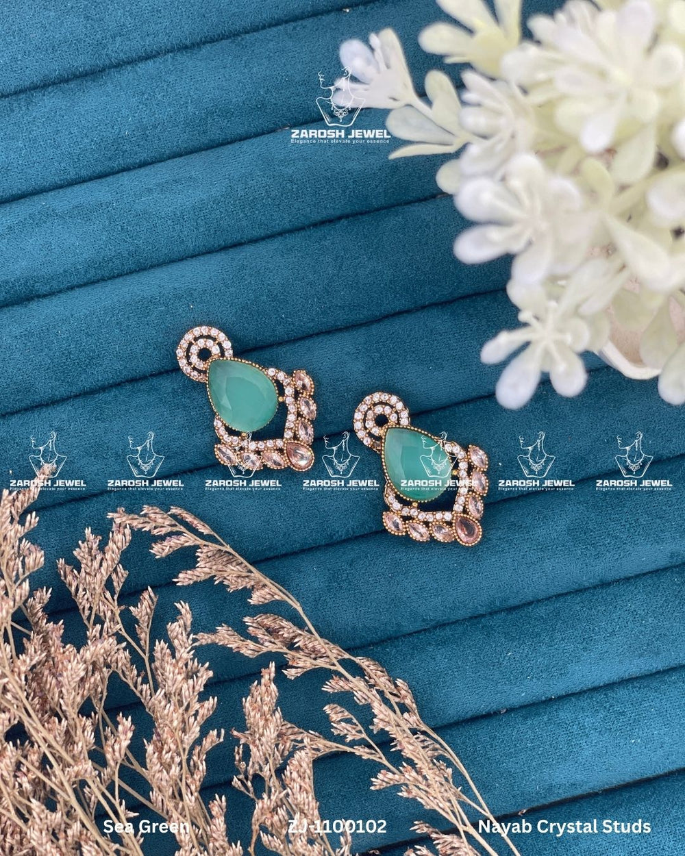 Nayab Crystal Studs | ZAROSH JEWEL Sea Green