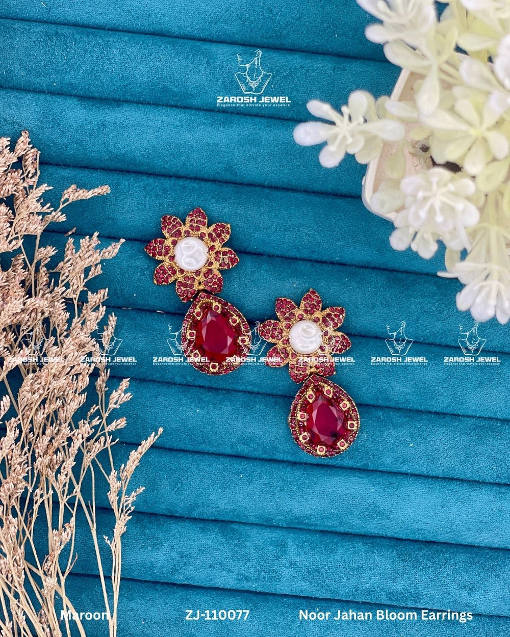 Noor Jahan Bloom Earrings | ZAROSH JEWEL Maroon