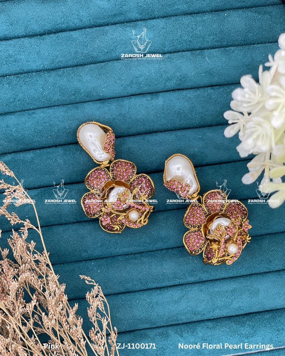 Noore Floral Pearl Earrings | ZAROSH JEWEL Pink