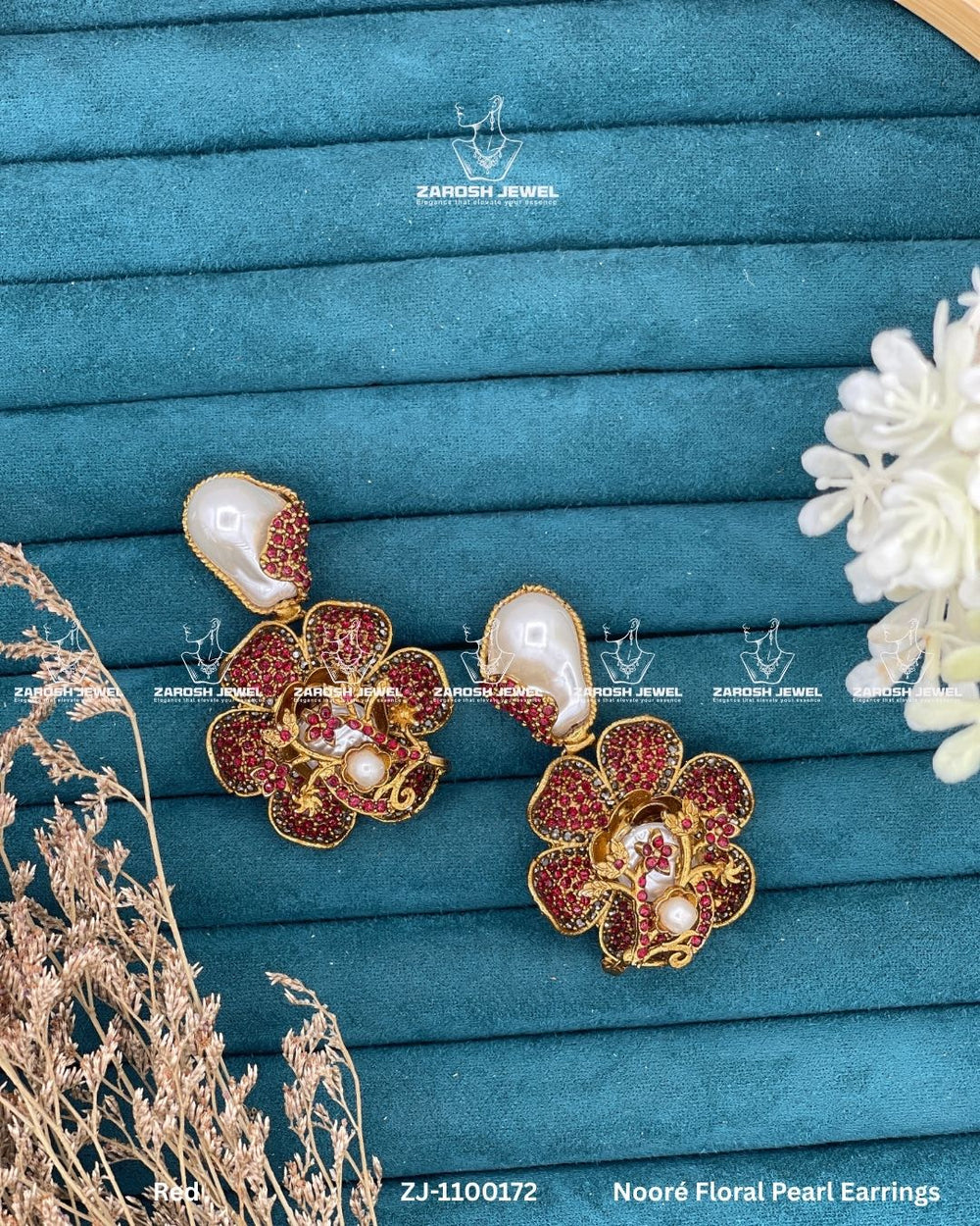 Noore Floral Pearl Earrings | ZAROSH JEWEL Red