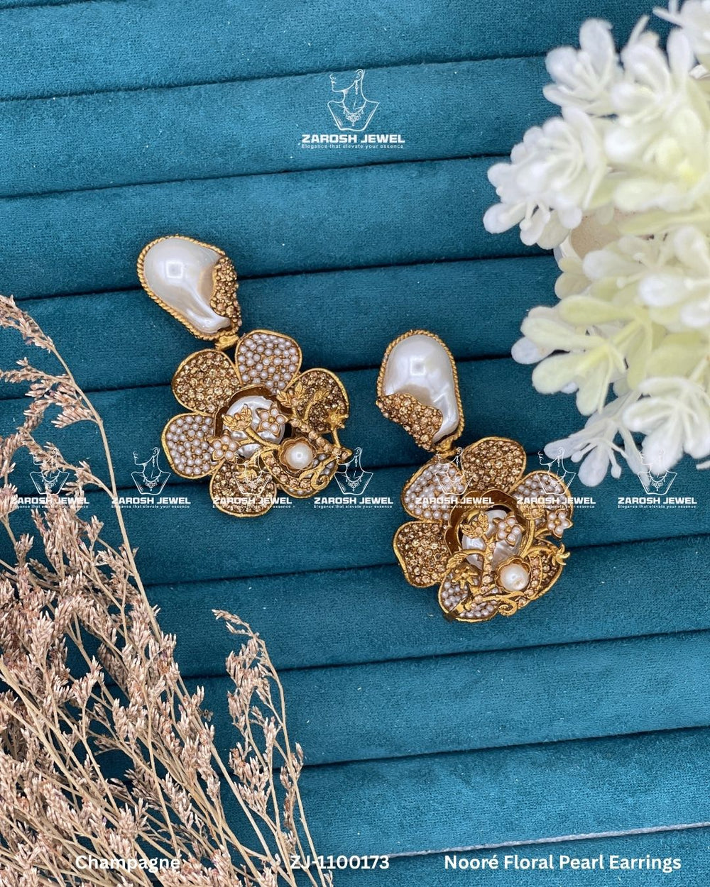 Noore Floral Pearl Earrings | ZAROSH JEWEL Champagne