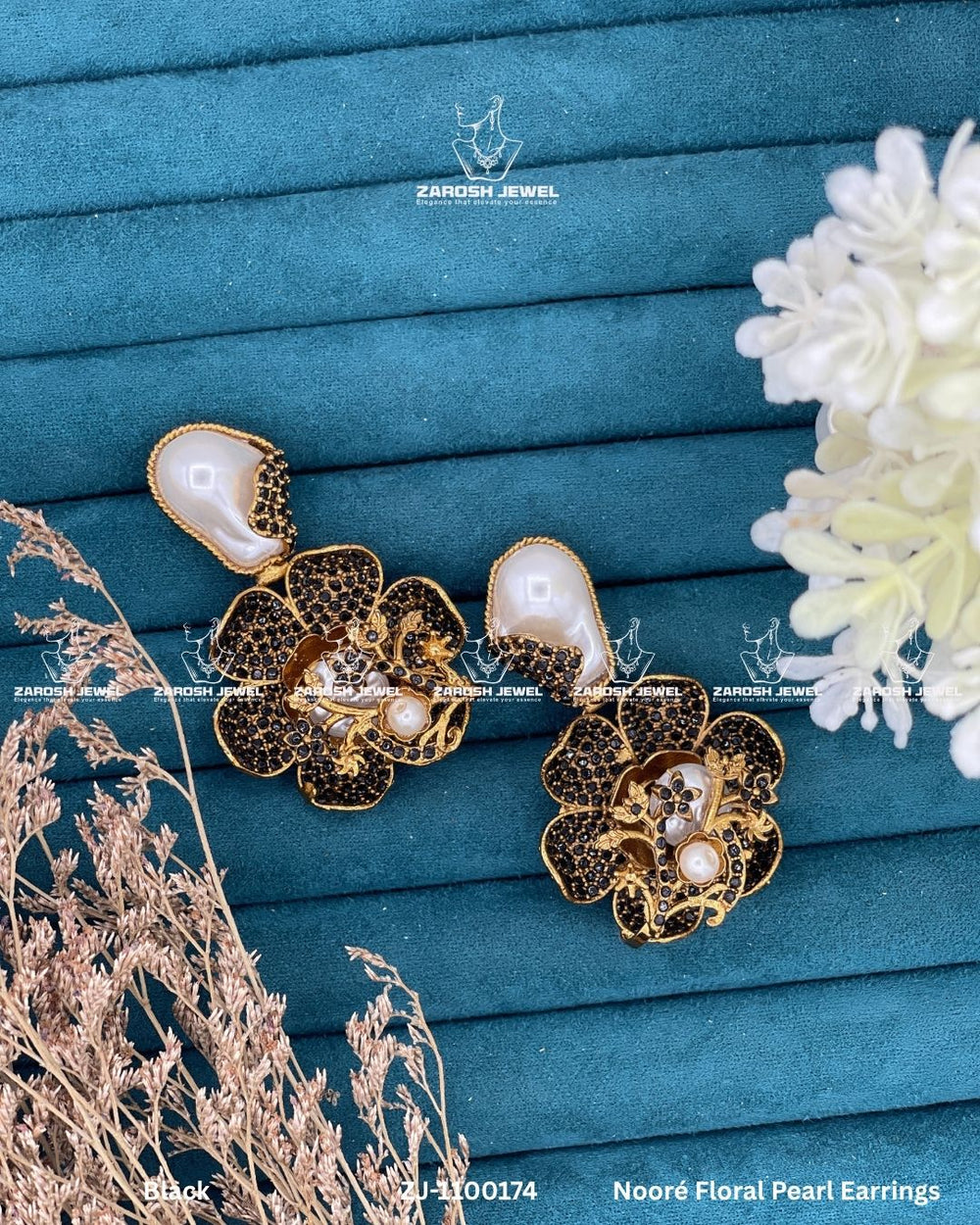 Noore Floral Pearl Earrings | ZAROSH JEWEL Black