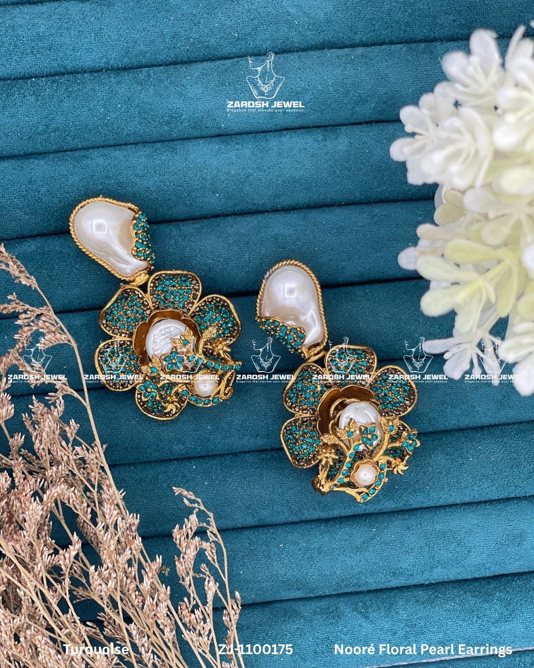 Nooré Floral Pearl Earrings | ZAROSH JEWEL Turquoise