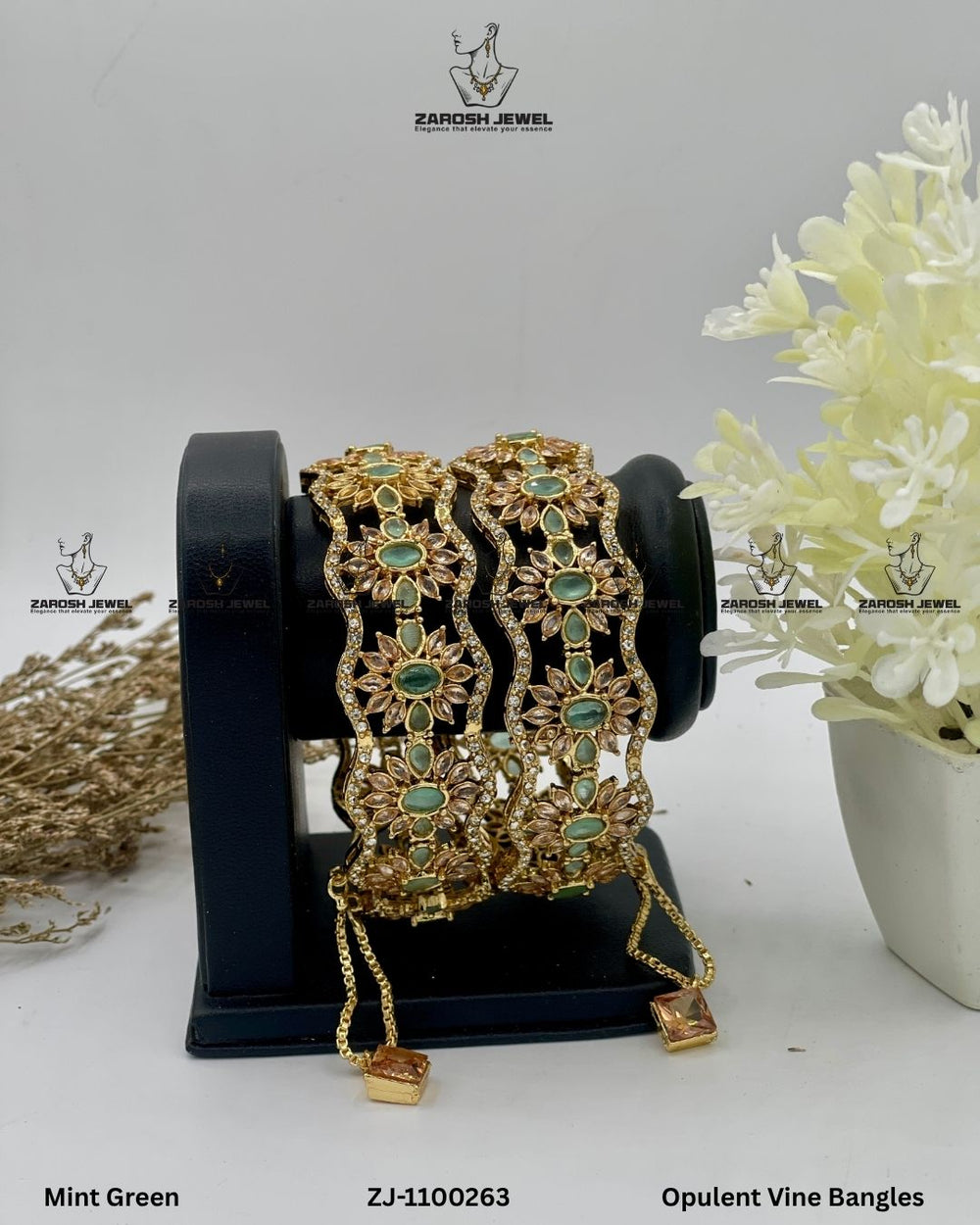 Opulent Vine Bangles Openable | ZAROSH JEWEL Mint Green