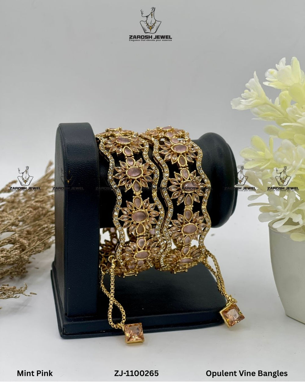 Opulent Vine Bangles Openable | ZAROSH JEWEL Mint Pink