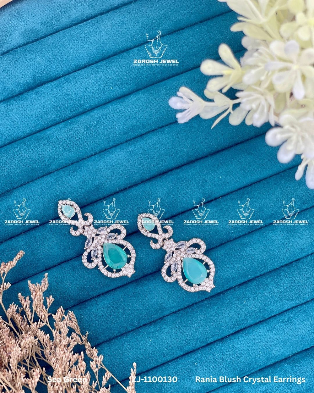 Rania Blush Crystal Earrings | ZAROSH JEWEL Sea Green