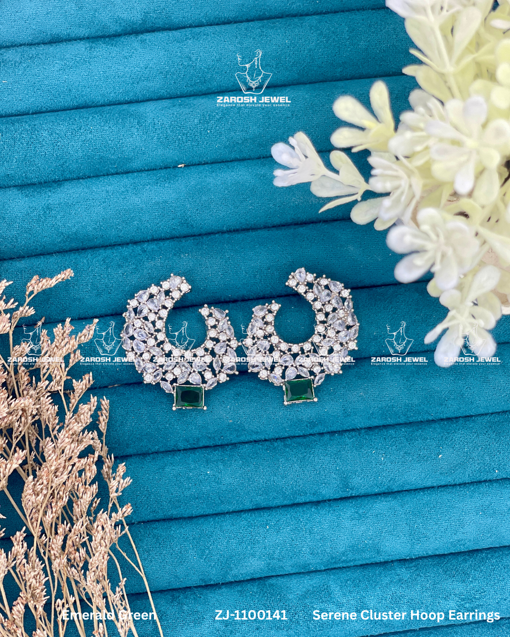 Serene Cluster Hoop Earrings | ZAROSH JEWEL Emerald Green