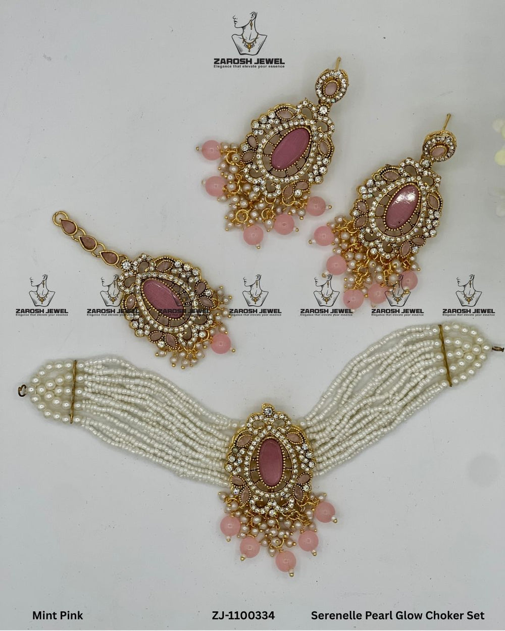 Serenelle Pearl Glow Choker Set | ZAROSH JEWEL Mint Pink