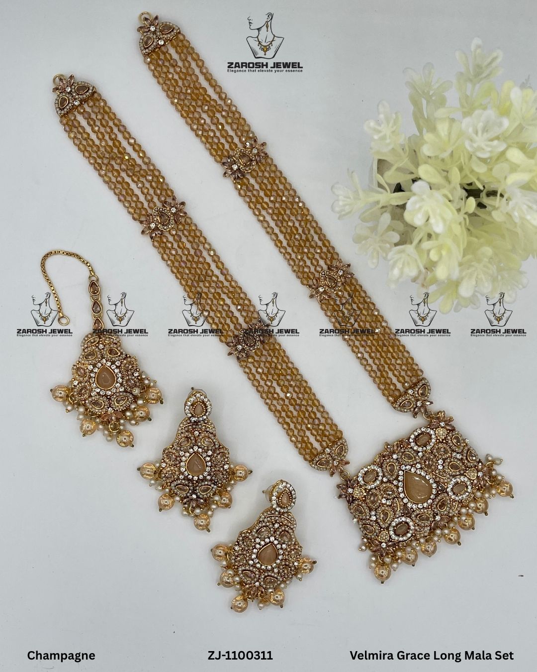 Velmira Grace Long Mala Set | ZAROSH JEWEL Champagne