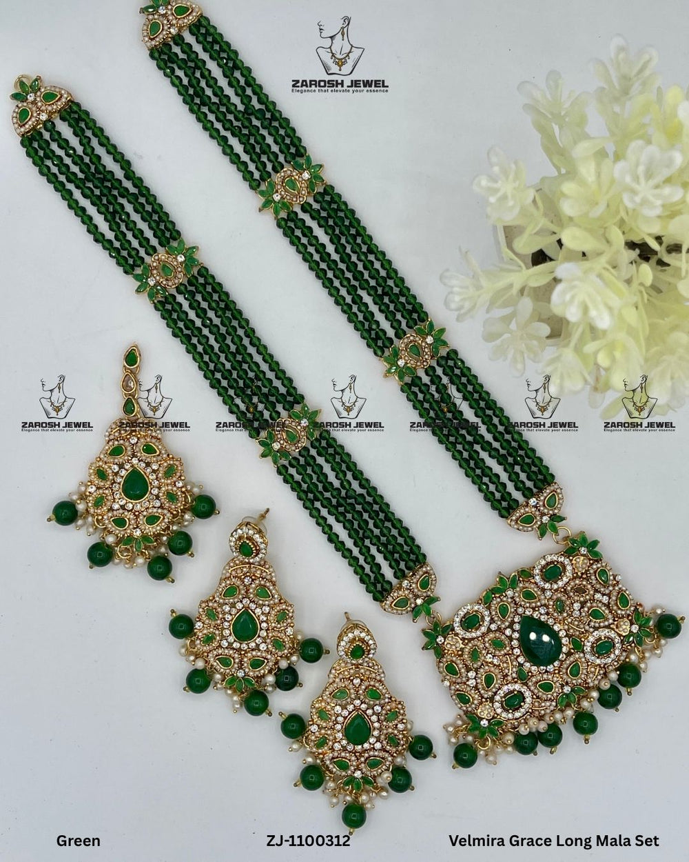Velmira Grace Long Mala Set | ZAROSH JEWEL Green