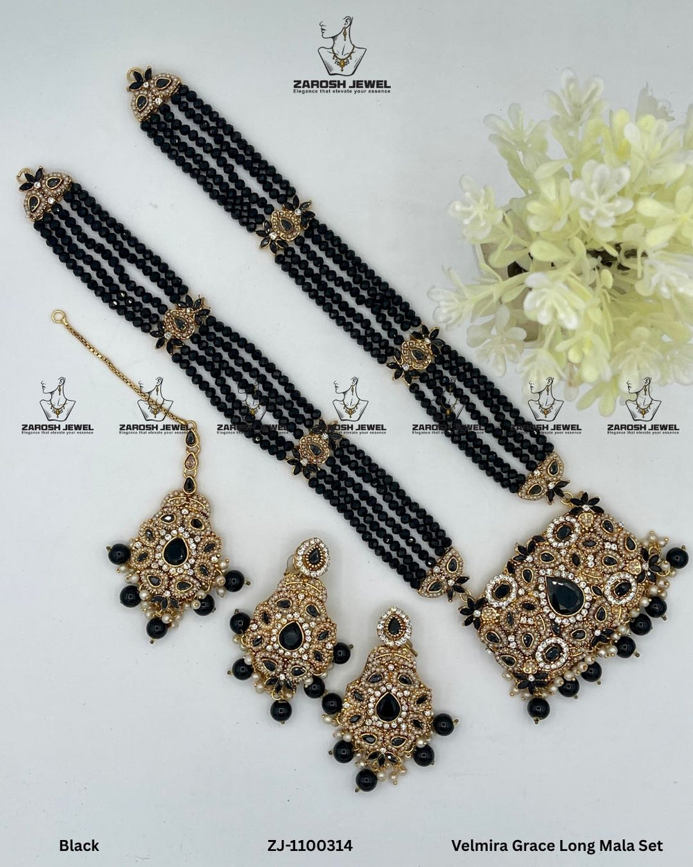 Velmira Grace Long Mala Set | ZAROSH JEWEL Black