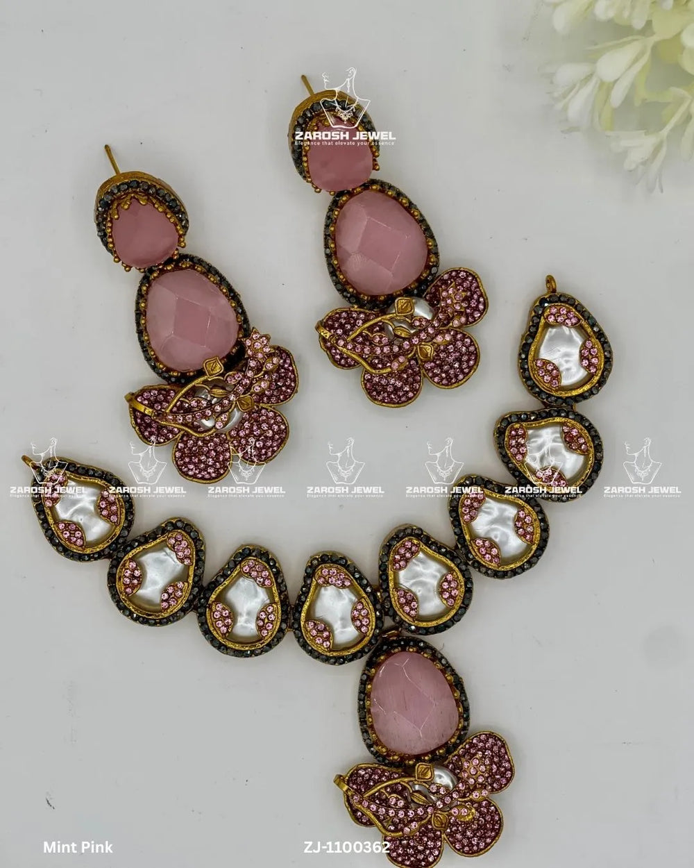 Jameela Necklace Set | ZAROSH JEWEL Mint Pink