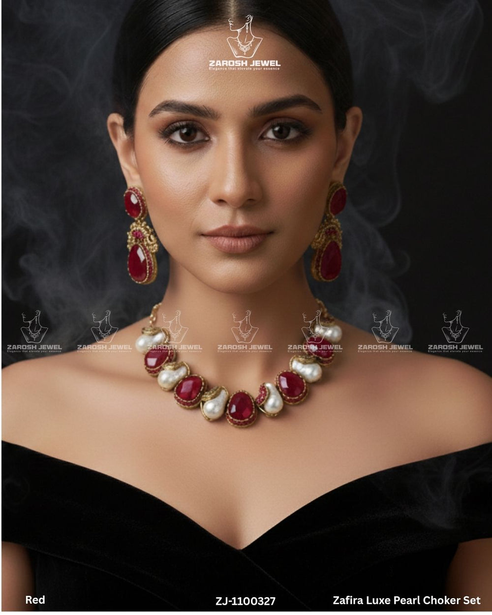 Zafira Luxe Pearl Choker Set | ZAROSH JEWEL Red