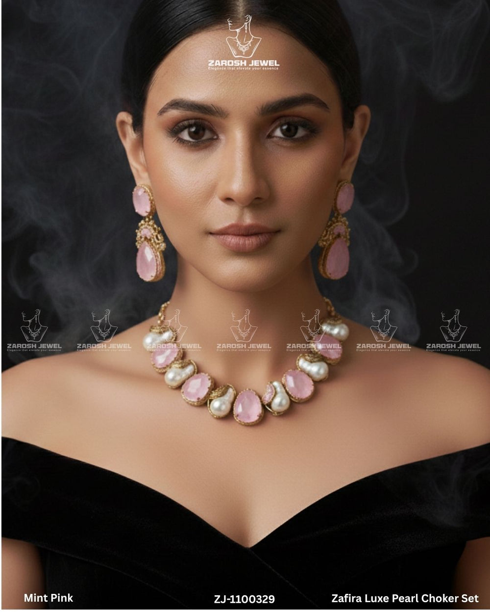 Zafira Luxe Pearl Choker Set | ZAROSH JEWEL Mint Pink