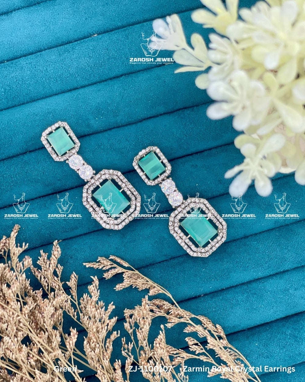 Zarmin Royal Crystal Earrings | ZAROSH JEWEL Green