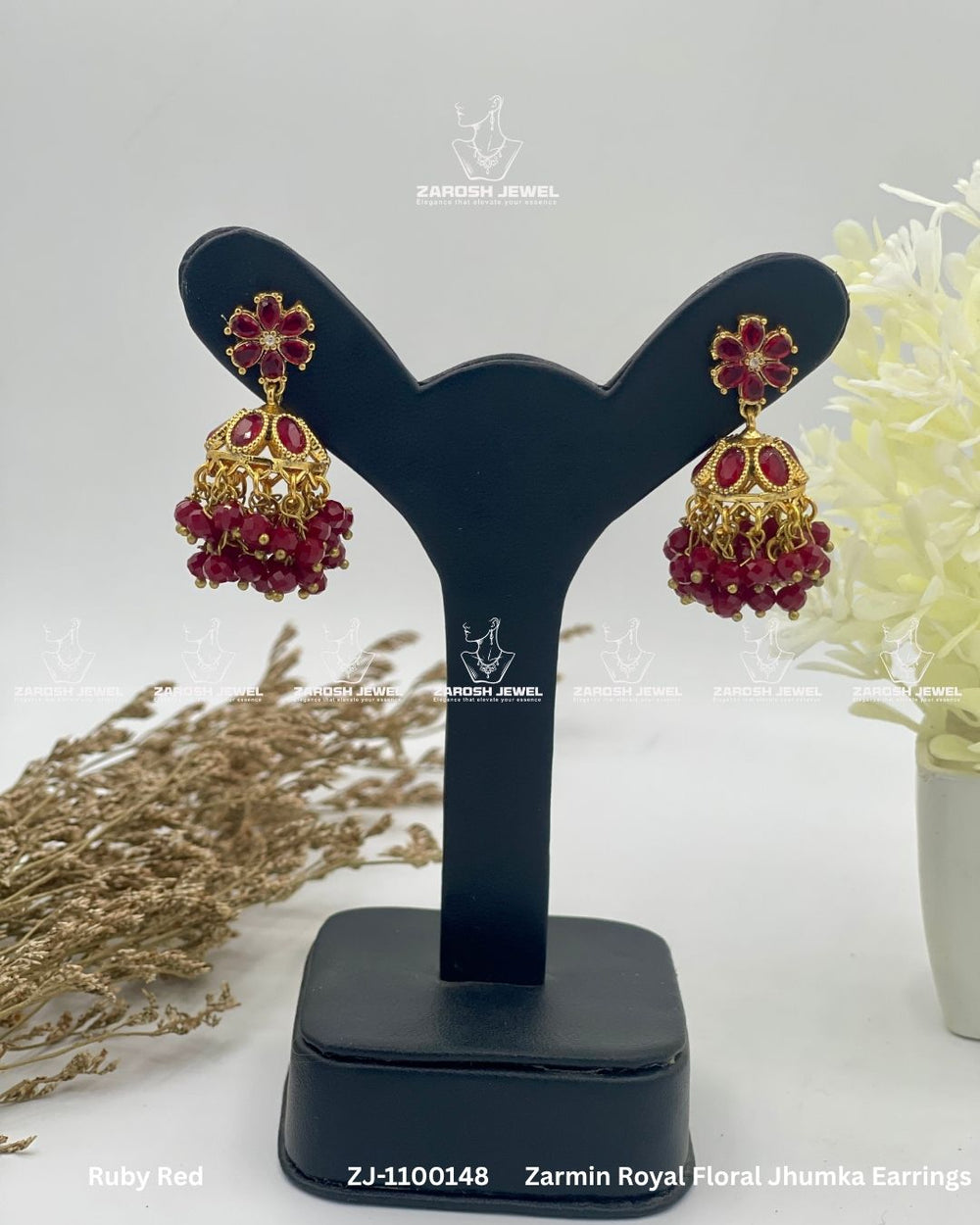 Zarmin Royal Floral Jhumka Earrings | ZAROSH JEWEL Ruby Red