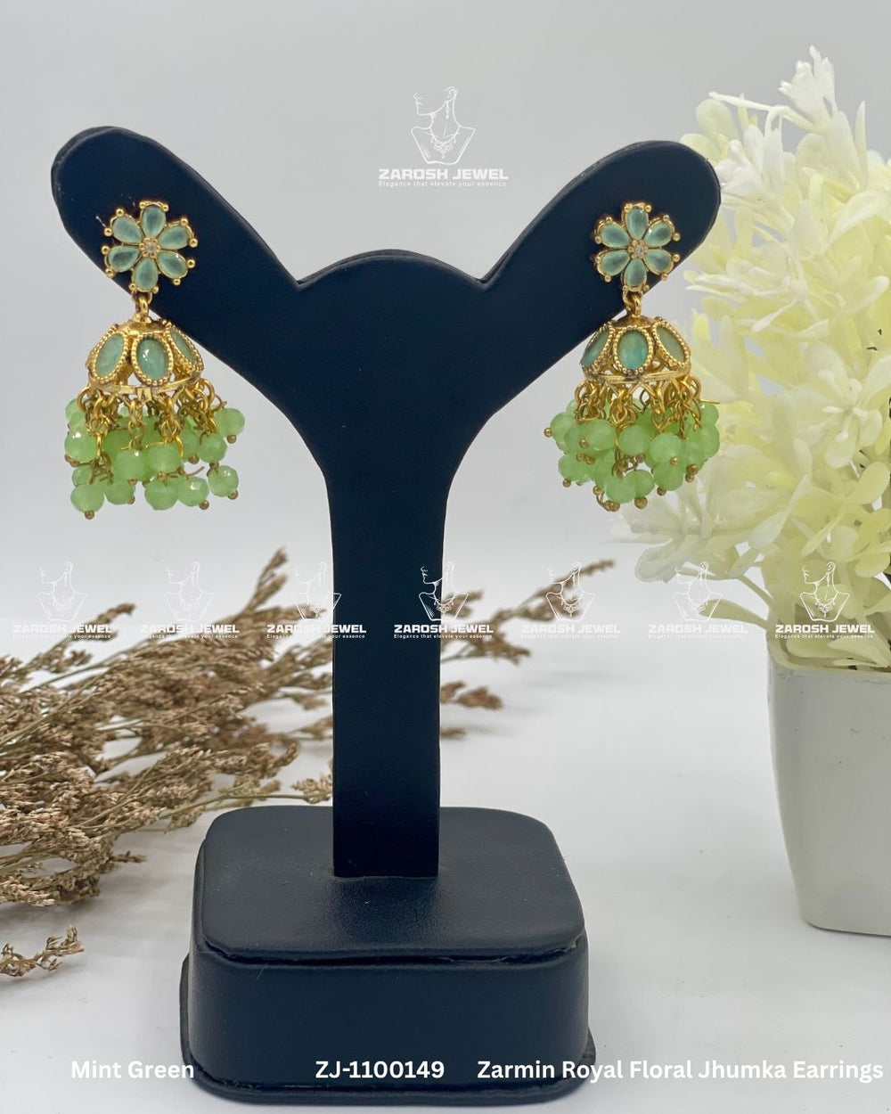 Zarmin Royal Floral Jhumka Earrings | ZAROSH JEWEL Mint Green